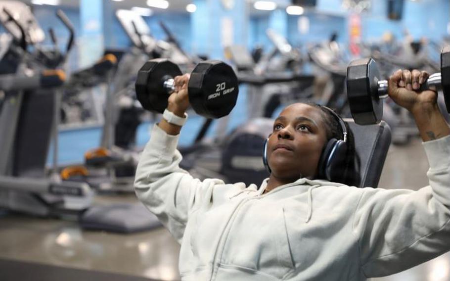 Capt. Donisha Turner, assigned to the 38th Air Defense Artillery Brigade, works out at the gym on Sagamihara Housing Area March 25.